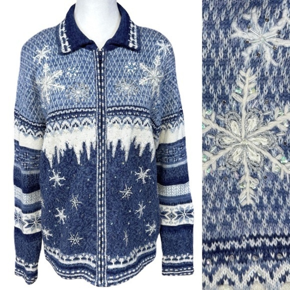 Vintage Heirloom Collectibles Blue White Snowflake Zip Sweater Cottage Medium